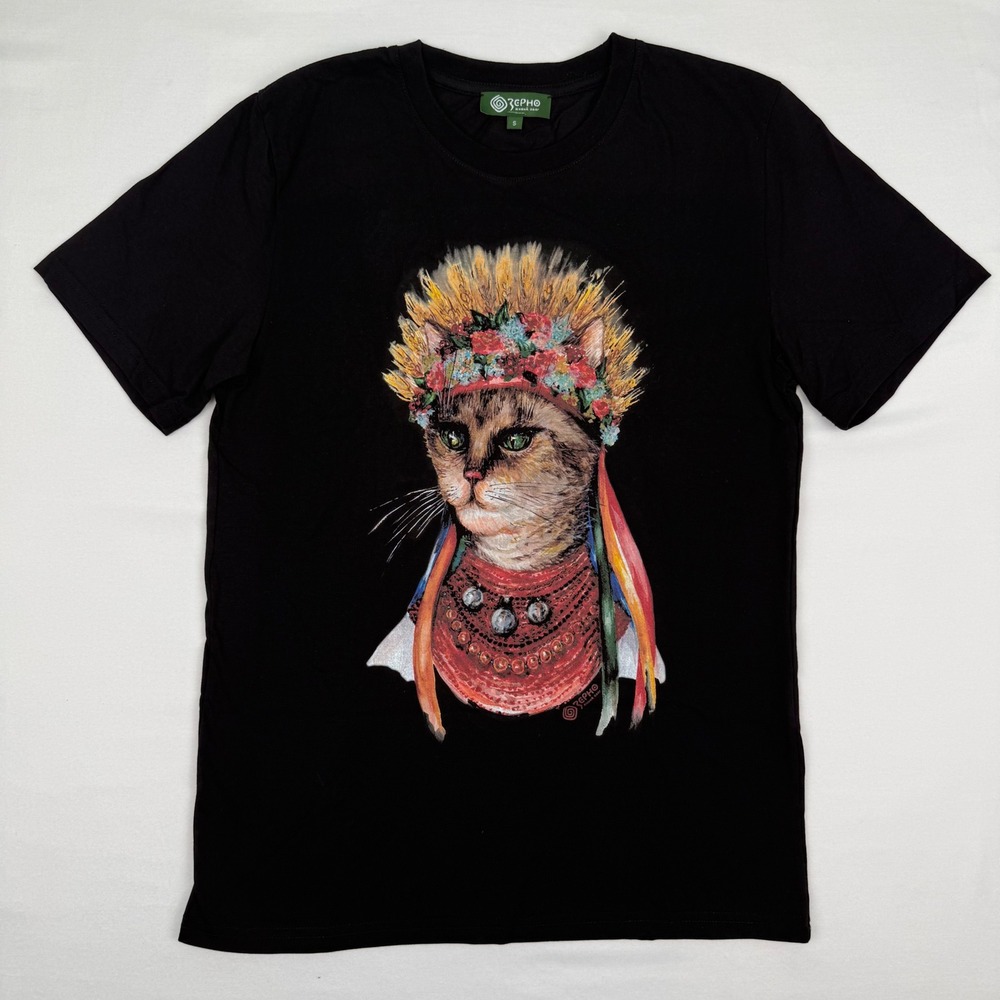 Zerno Ukraine Folk Art Cat Graphic T-Shirt Black S Soft Cotton Short Sleeve Tee